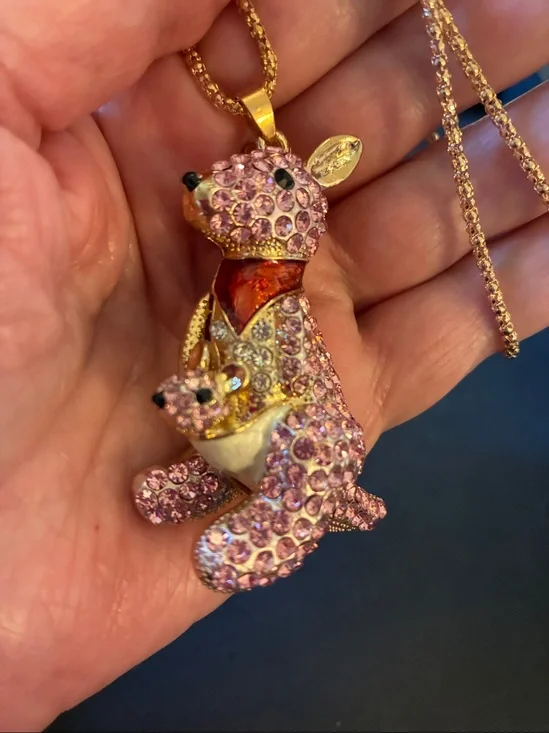 Pink Crystal kangaroo, and baby in the pouch Pendant Necklace