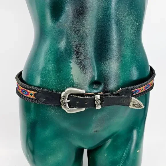 Vintage Women's Black Southwestern Leather Belt colorful silver buckle size M