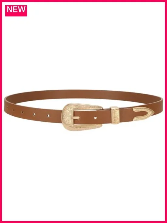 Western Skinny Leather Belt for Women Cowgirl Carved Buckle 0.8