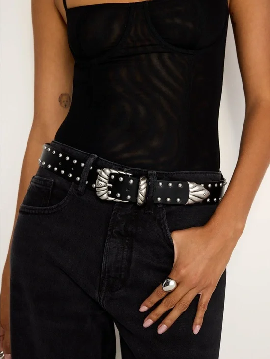 Good American Studded Western Leather Belt Black Silver GAB036 NWT