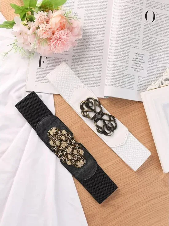 Bundle INSPIRE CHIC Women's Elastic Wide Metal Buckle Stretchy Dress Waist Belts