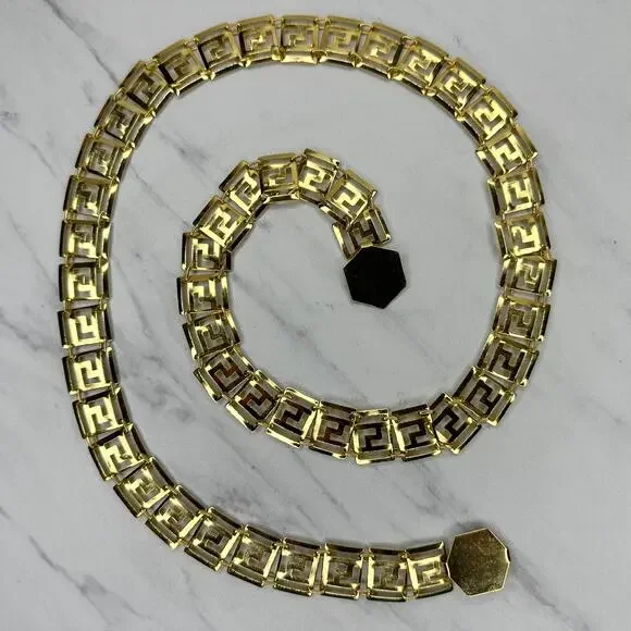 Vintage Greek Key Gold Tone Chain Belt XS Small (S) ✨
