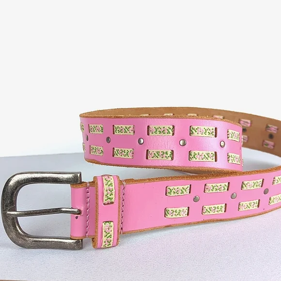 Women's Pink Leather Woven Ribbon Belt