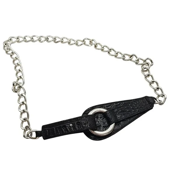 Anne Klein Black Croc Leather Silvertone Chain Belt Silver O Ring Waist Y2K Glam