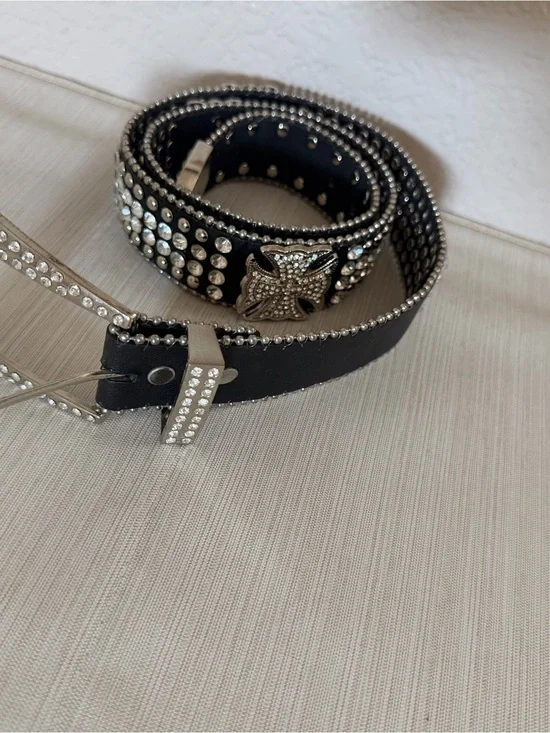 MMS Black Rhinestone Studded Western Belt Silver Cross Conchos