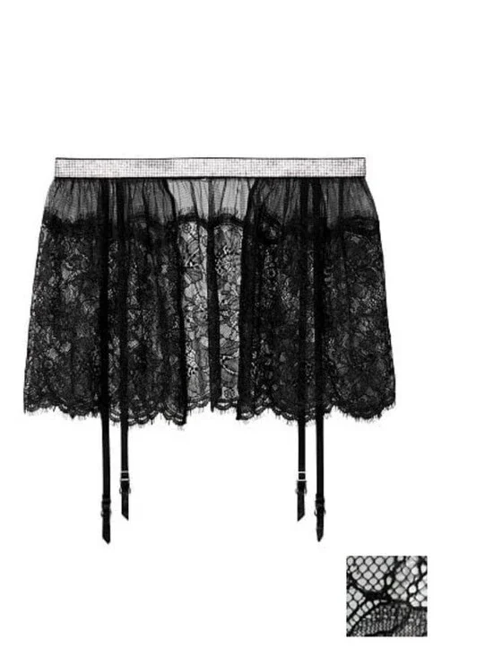 VICTORIA'S SECRET VERY SEXY BLACK LACE SHINE STRAP RHINESTONE GARTER SKIRT M/L