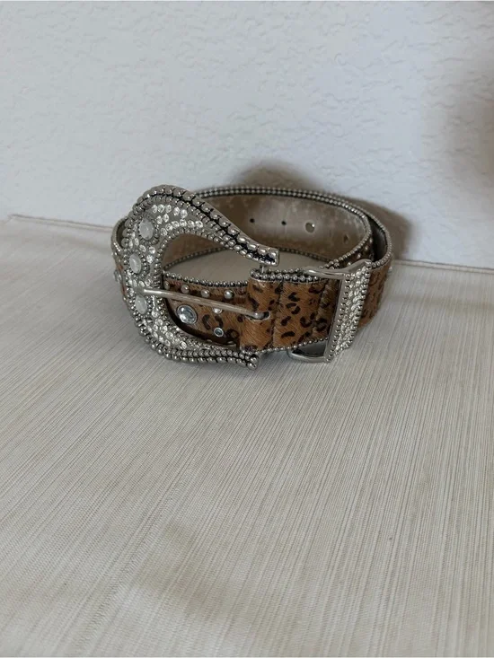 Leopard Haircalf Western Rhinestone Studded Belt Silver Horseshoe Buckle