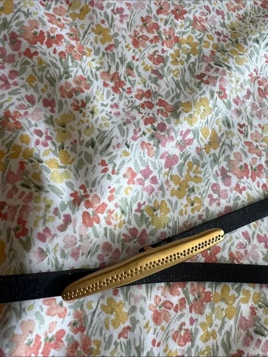 Pure Tea Delicate Chinese Black Leather waist Belt with Gold nature inspired Bar