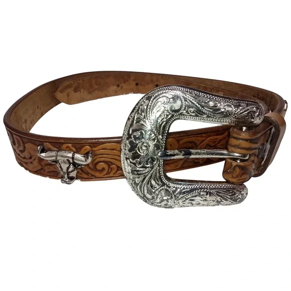 Justin Western Leather Belt Silver Bull Boot Horseshoe Buckle Tooling Size‎ 32