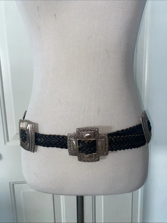 Vintage 1994 Brighton Woven  Black Leather Belt Silver Large Buckles Conchos L