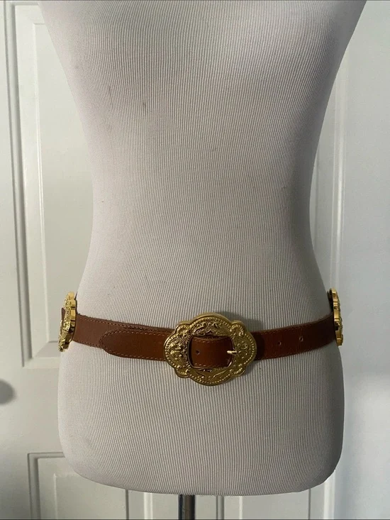 Vintage Accessory Lady Brown Leather Belt W/ Ornate Gold Buckles Substantial  L