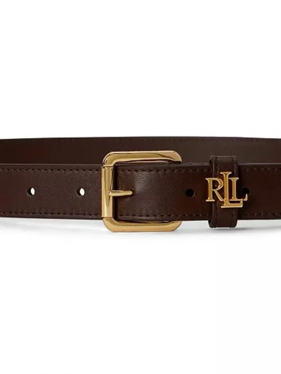 Ralph Lauren Women's Logo-Keeper Leather Skinny Brown Leather Belt with Gold $85