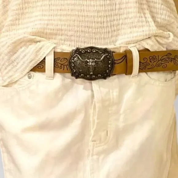Western Brown Floral Leather Antique Gold Silver Cow Skull Belt NWT