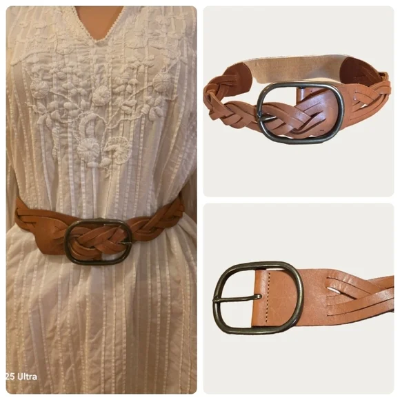Vintage Saddle Brown Woven Leather Belt  Up To 29