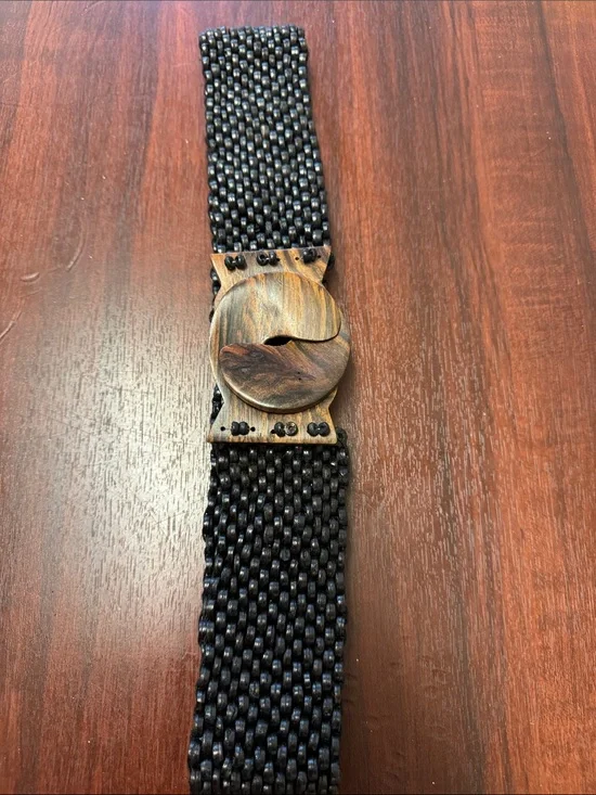 Black Woven Belt with Wood Buckle