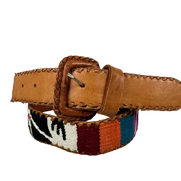 Brown Leather Belt Multicolor Woven Design‎ Guatemalan boho bohemian western
