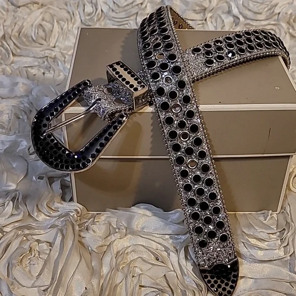 Rhinestone & Black Stud Grommet Womens Belt With Statement Buckle