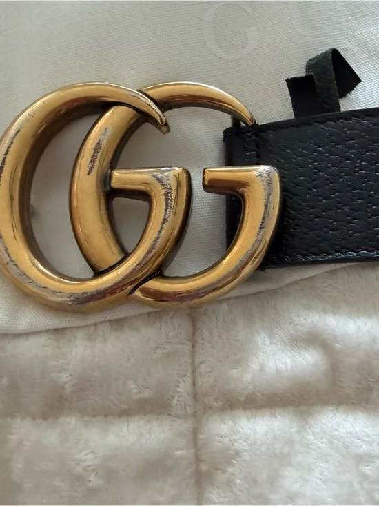 Authentic Gucci Marmont Double G Leather Belt – Black/Antique Gold | Size 90/36