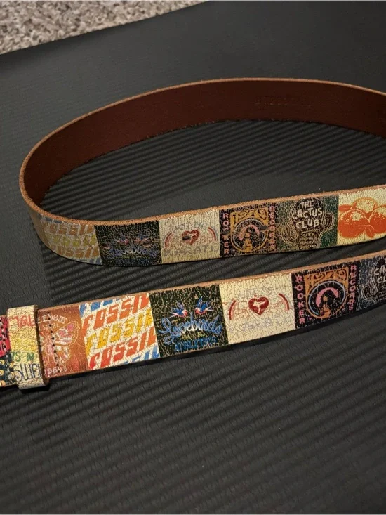 Vintage Fossil Daisy Rockers Graphic Patchwork Leather Belt