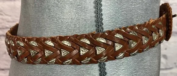 Unique Vintage Boho 90s Braided Leather Belt w/ Silver Metal Decorative Inserts