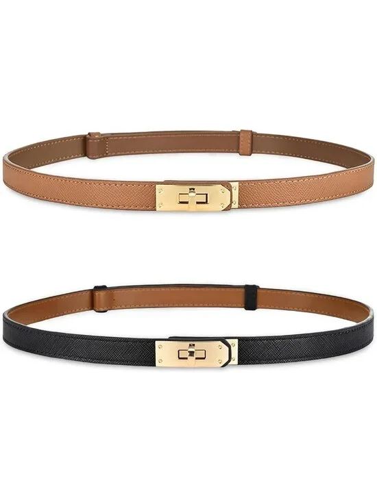 Stylish Women's Skinny Leather Belt with Adjustable Gold Turn-Lock Buckle for
