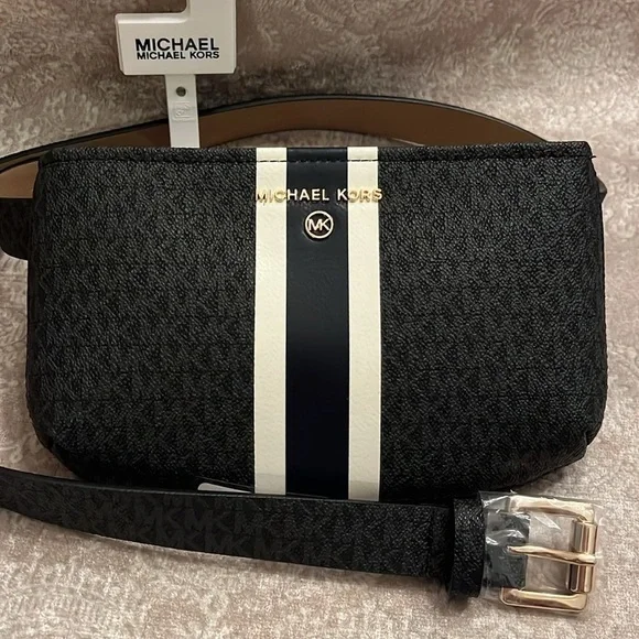 Brand New Michael Kors Center Stripe Belt Bag Zippered Fanny Pack Black & Blue