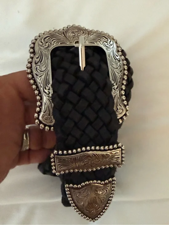 B-Low the Belt Black Braided Leather Western Belt Engraved Silver Buckle S/M