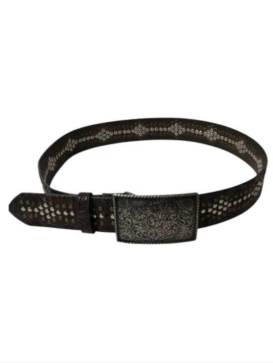 Vintage Y2K Perry Ellis Western Belt Embellished Scroll Design Faux Leather Brwn