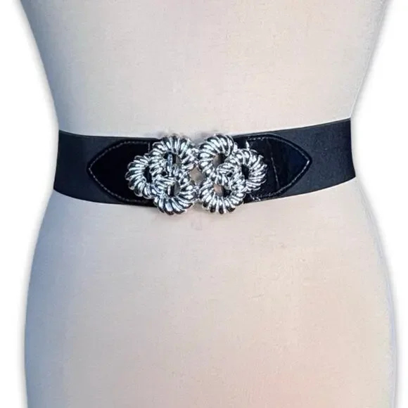 Vintage‎ Black Stretch Statement Belt Silver Rope Buckle 80s 90s Waist Cinch Art