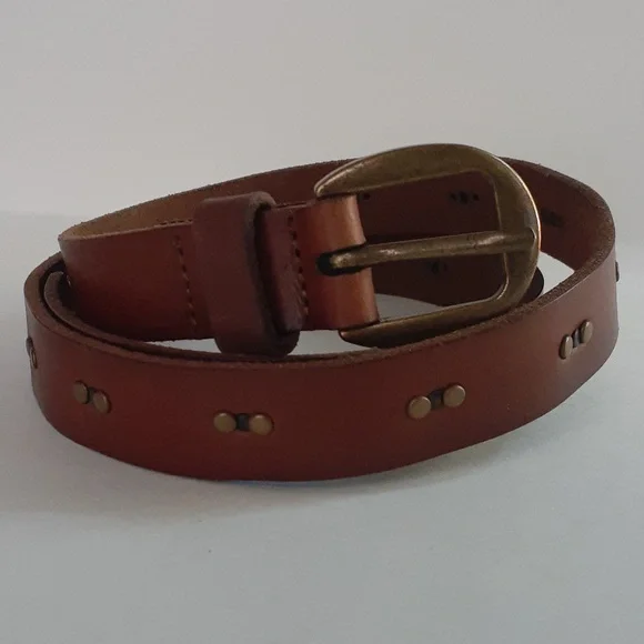 Genuine Buff Leather Women Brass Buckle Brown Embelished Belt Adjustable New