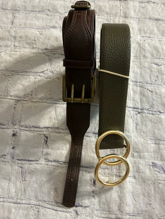 LOT OF (2) DIFFERENT BELTS OLIVE PEBBLE GRAIN GOLD TONE RINGS & BROWN UNIQUE