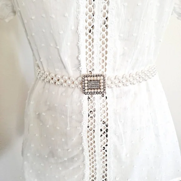 Faux‎ white pearl beaded square buckle elegant elastic stretch waist belt