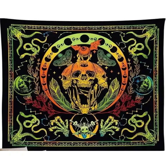 Krelymics Black Light Skull Snake Tapestry UV Reactive Glow Wall Hanging 51