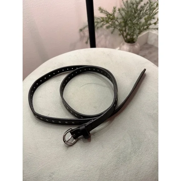 no brand Black Leather Skinny Belt Silver‎ Buckle Made in Italy XL 249621