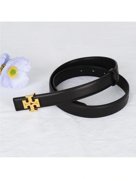 Black Leather Men's Belt with Gold Logo Accent
