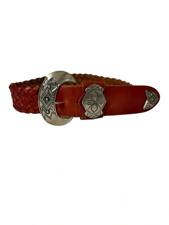 Vintage Woven Leather Belt with Crescent Shaped Silver Buckle