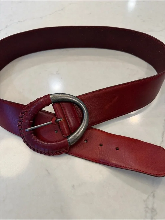 Red Wide Leather Belt with Round Braided Buckle