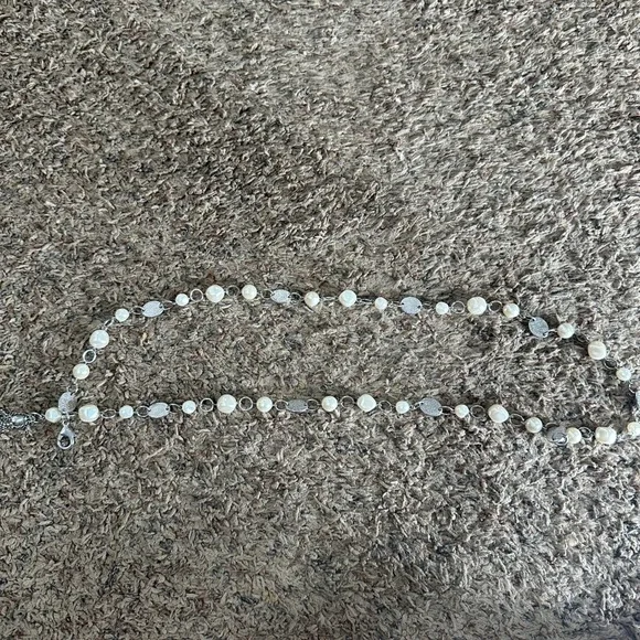 Womens Silver Tone Faux Pearl Chain Belt with Textured Discs and Tassel Detail