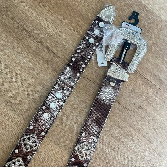 Nocona Belt Co Snake and Cross Rhinestone Leather Belt NEW