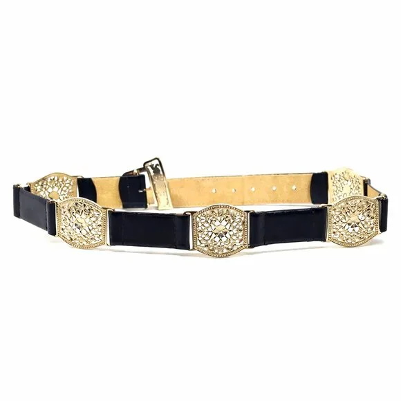 Women's leather and metal black and silver-tone belt Size: S