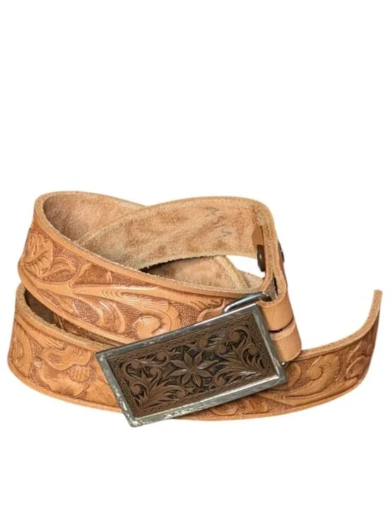 Western tooled Leather belt genuine tan floral pattern Buckle boho cowboy rodeo