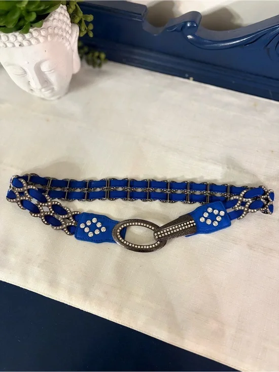 Vintage Y2K Royal Blue Rhinestone Stretch Belt Cinch Fits Up To 40