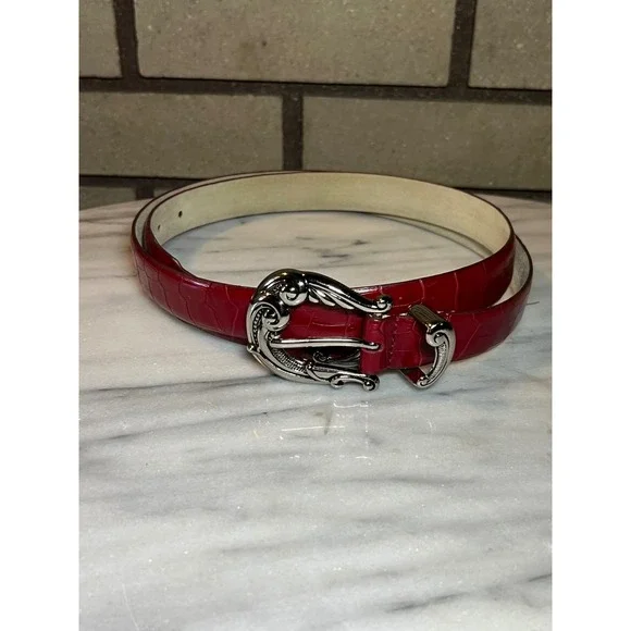 Genuine Leather Red Croc Embossed Western Belt Silver Ornate Buckle XL VTG 90s