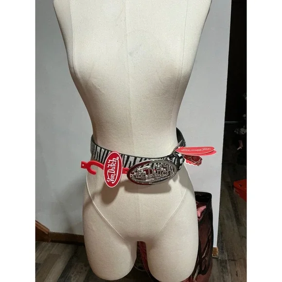 Von Dutch Zebra Print Faux Fur Rhinestone Logo Buckle Belt Y2K Coquette NWT M