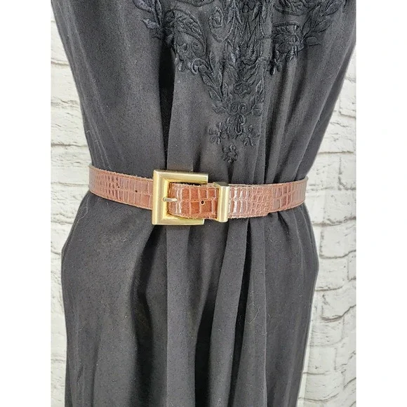 Womens Crocodile Embossed Belt Square Gold Brass Buckle Heritage Classic Small