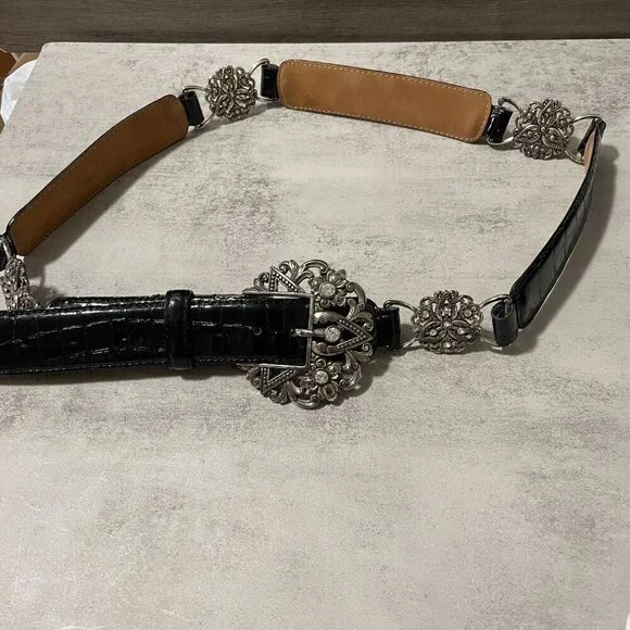Brighton B60113 Black Patent Leather Crystal Stud Medallion Station Belt 46