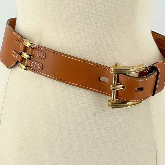 Luggage Tan Waist Belt Bold Gold Tone Buckle Made in Italy Women's Size Medium