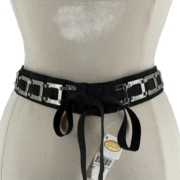 NWT Talbots Black Grosgrain Ribbon Silver Metal Square Snaps Tied Waist Belt S