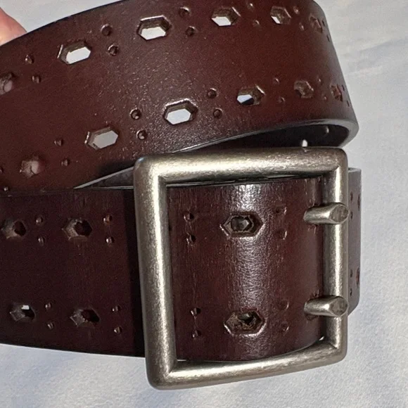 Brown Bonded Leather Belt with Silver Buckle - Size M