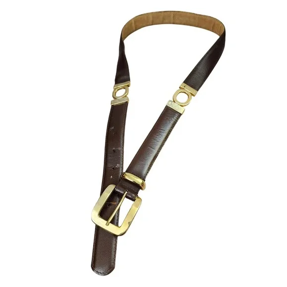 Classic Dark Brown Genuine Leather Belt with Gold Ring Accents Sz L Dk Academia‎